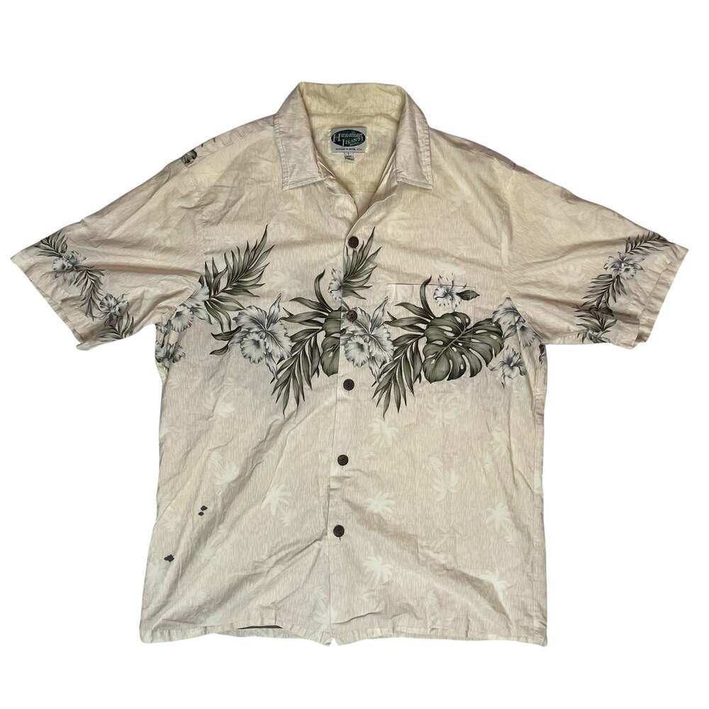 Hawaiian Islands Floral Hawaiian Shirt Beige Button Up Large - Picture 1 of 7